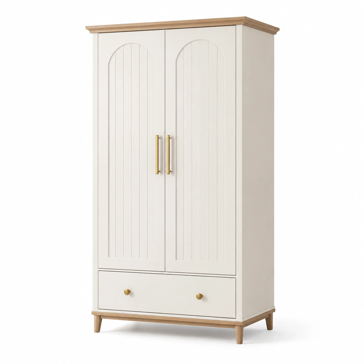 Armoire en MDF et Bois Massif avec Portes Doubles et Tiroir Beige