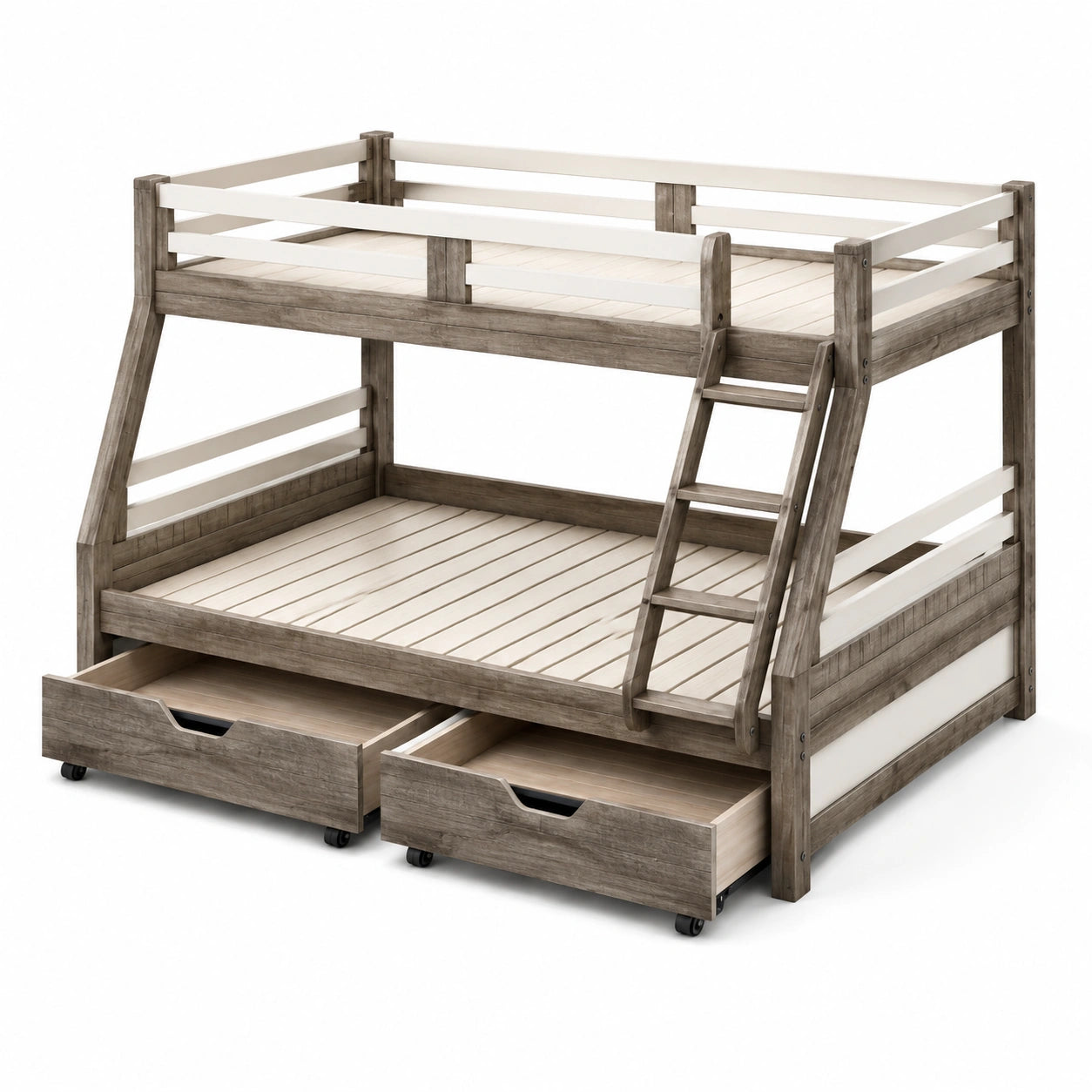 Lit superposé en bois avec tiroirs gris et beige 200x140/200x90 cm