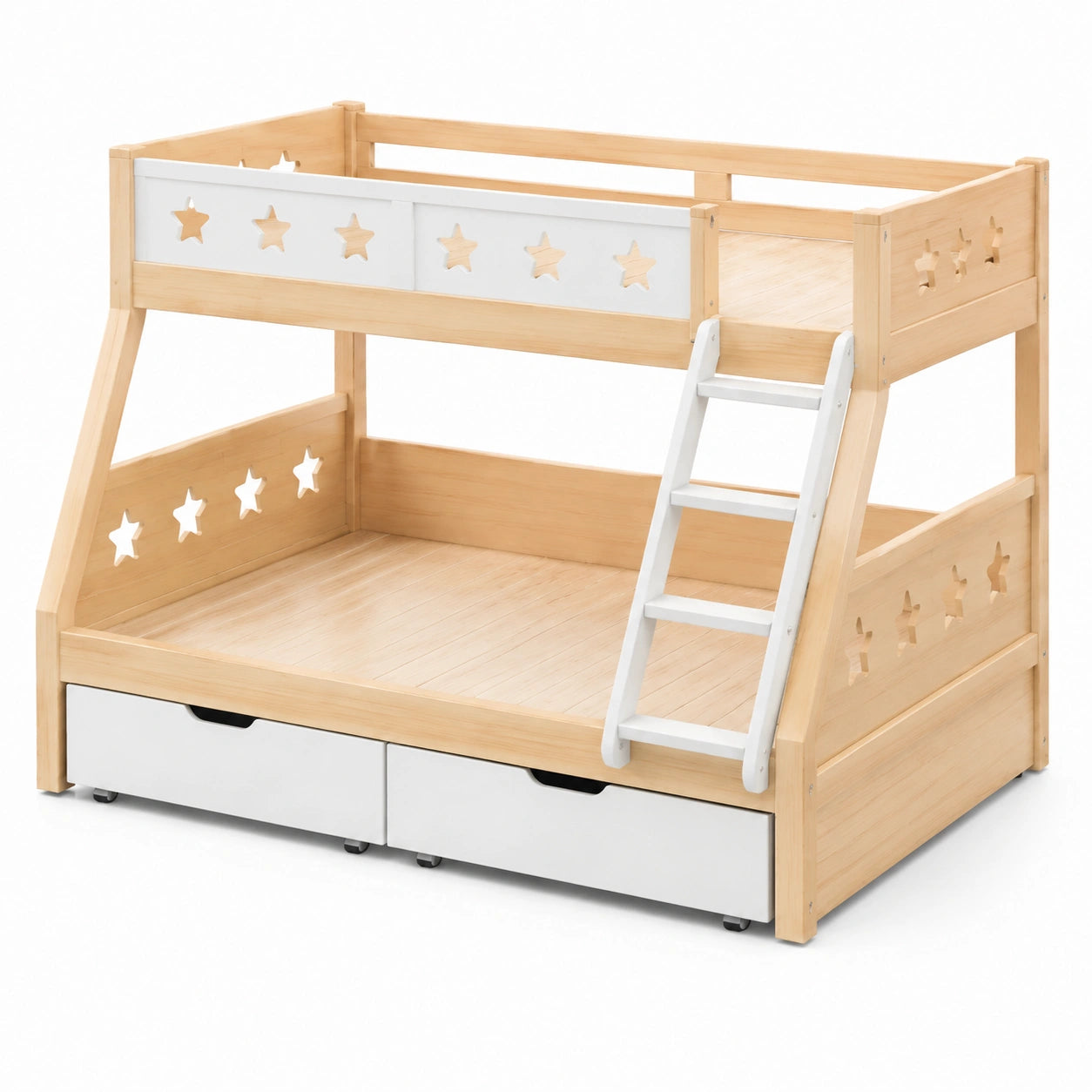 Lit superposé en bois avec échelle étoilée et tiroirs