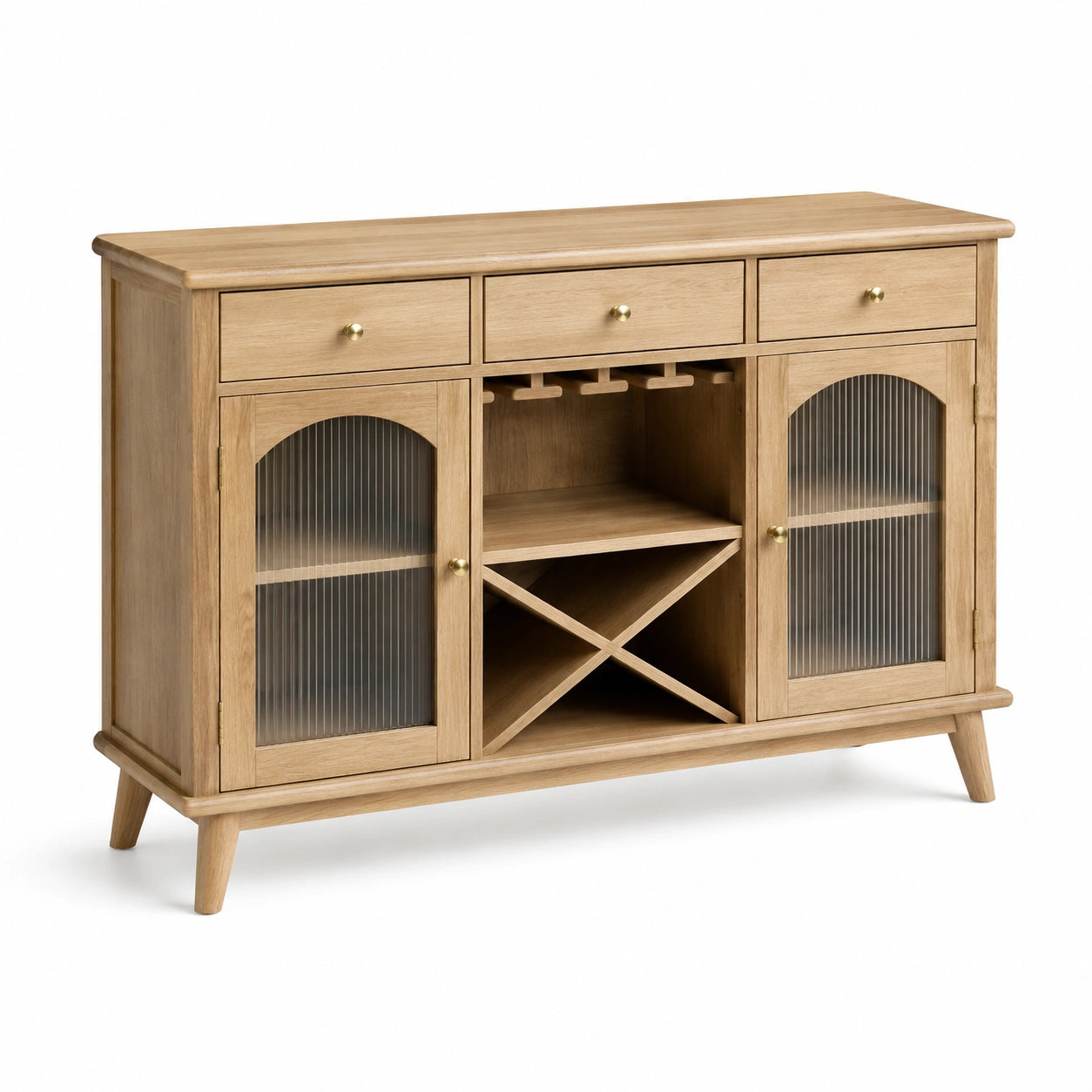 Buffet en bois de chêne avec portes en verre ondulé et rangement bouteilles