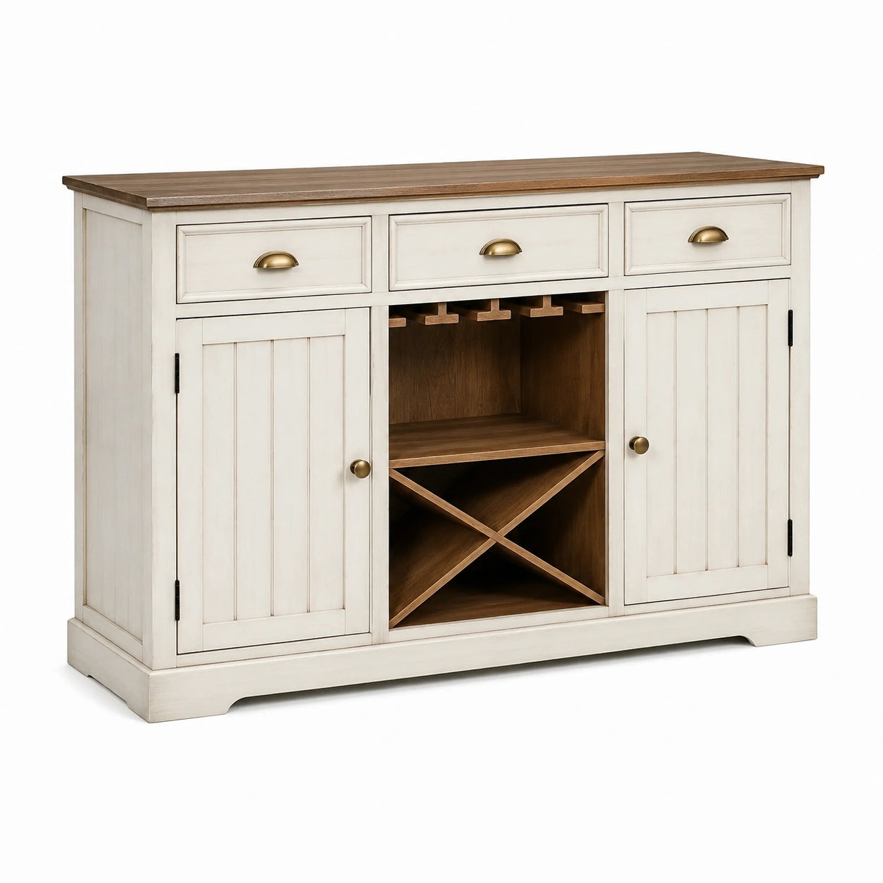 Buffet en bois massif avec rangements pour vin et portes blanches
