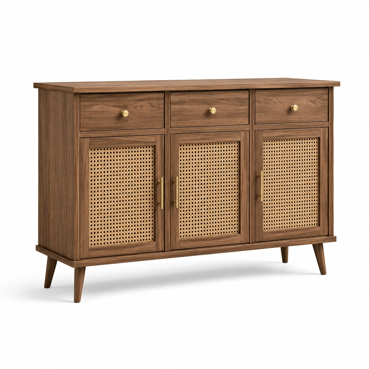 Buffet en bois et rotin avec tiroirs et portes