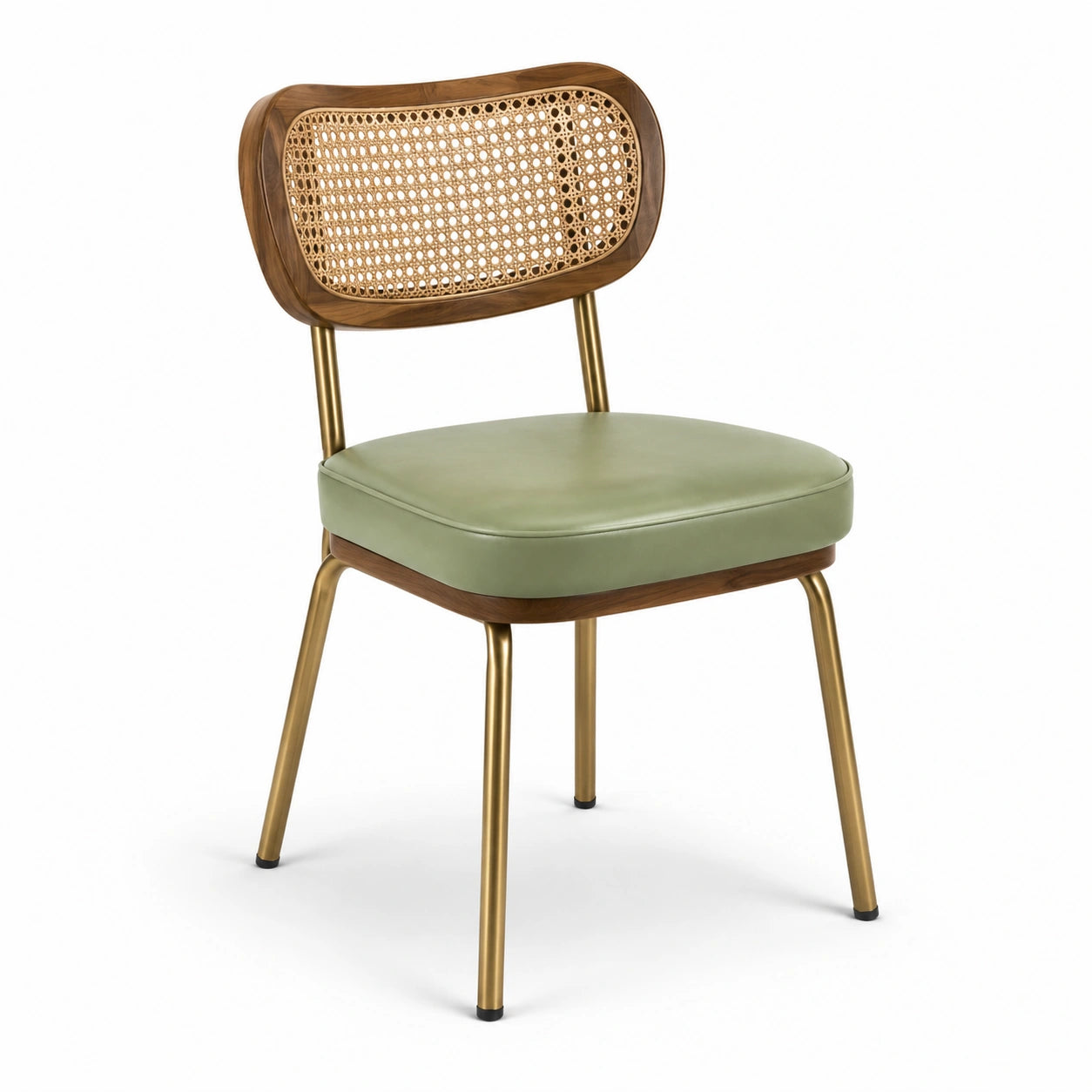 Chaise en bois et rotin avec assise en similicuir vert et cadre en métal doré