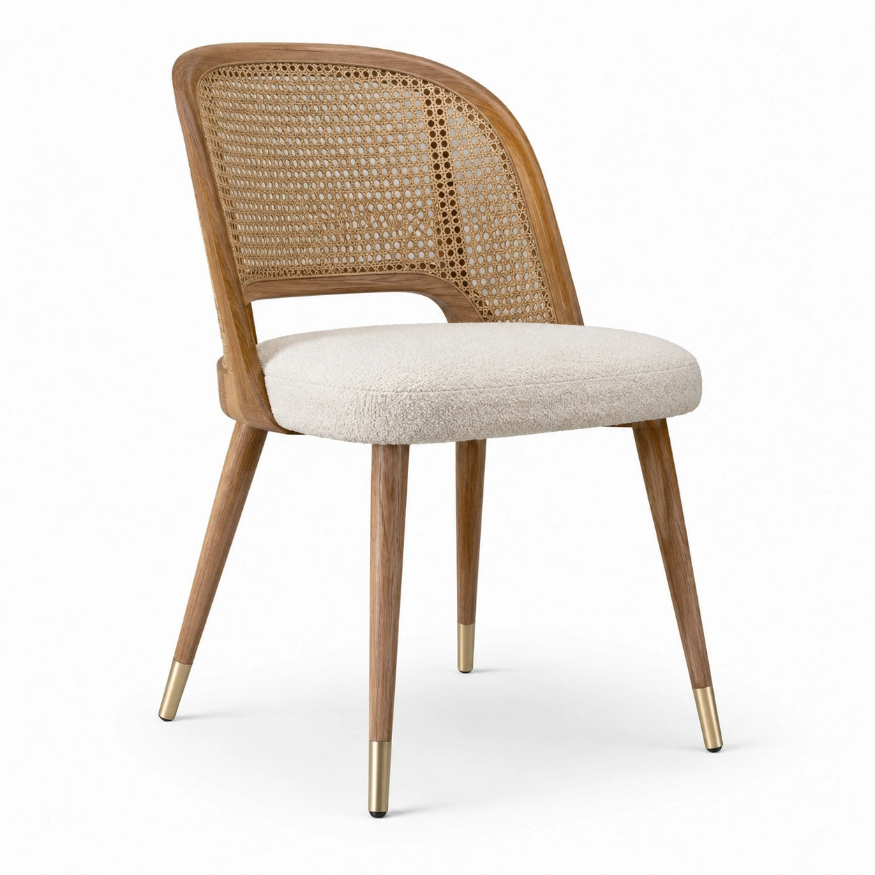 Chaise en chêne et rotin avec coussin en tissu bouclé beige