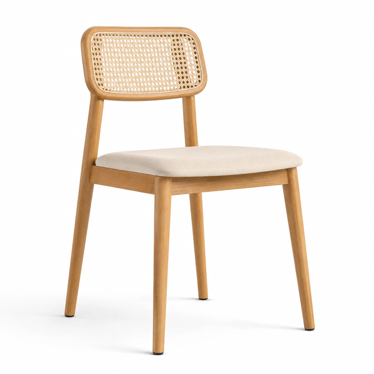 Chaise de salle à manger en bois avec dossier en rotin et siège rembourré beige