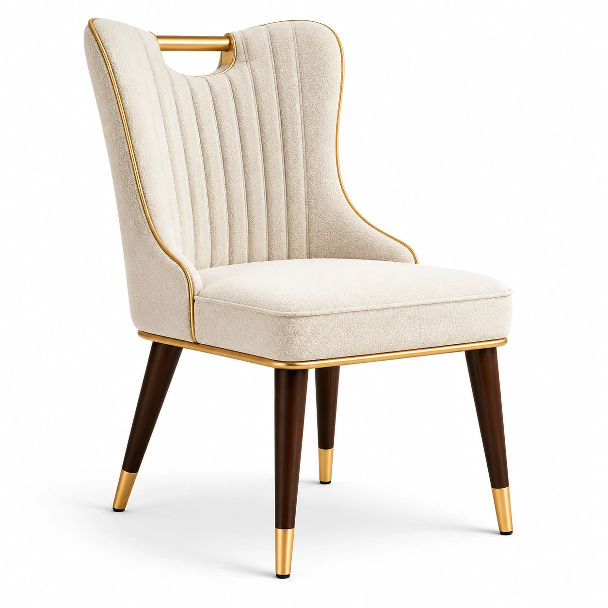 Chaise en bois massif et tissu beige avec finition laiton
