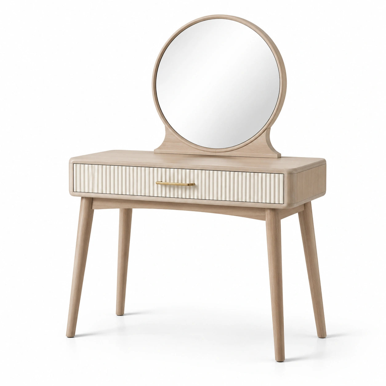 Coiffeuse en bois de hêtre avec miroir rond