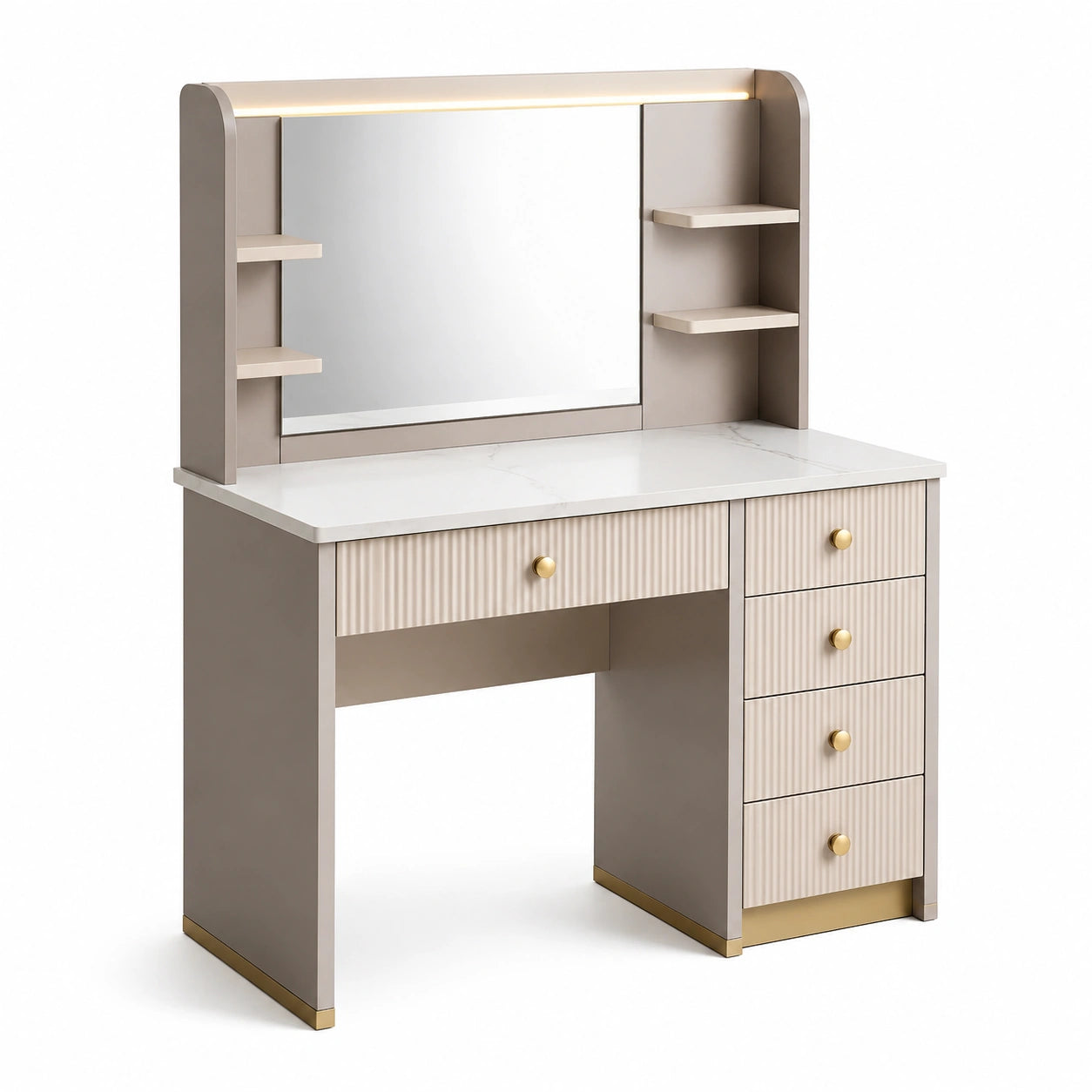 Coiffeuse en Bois avec Miroir Éclairé et Plateau en Marbre, 4 Tiroirs