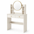 Coiffeuse en bois avec miroir rond et étagères