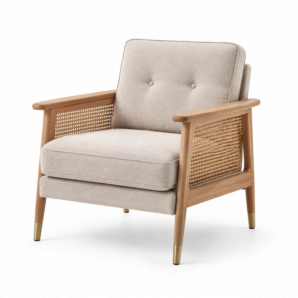 Fauteuil en bois avec tissu en lin beige et accoudoirs en rotin