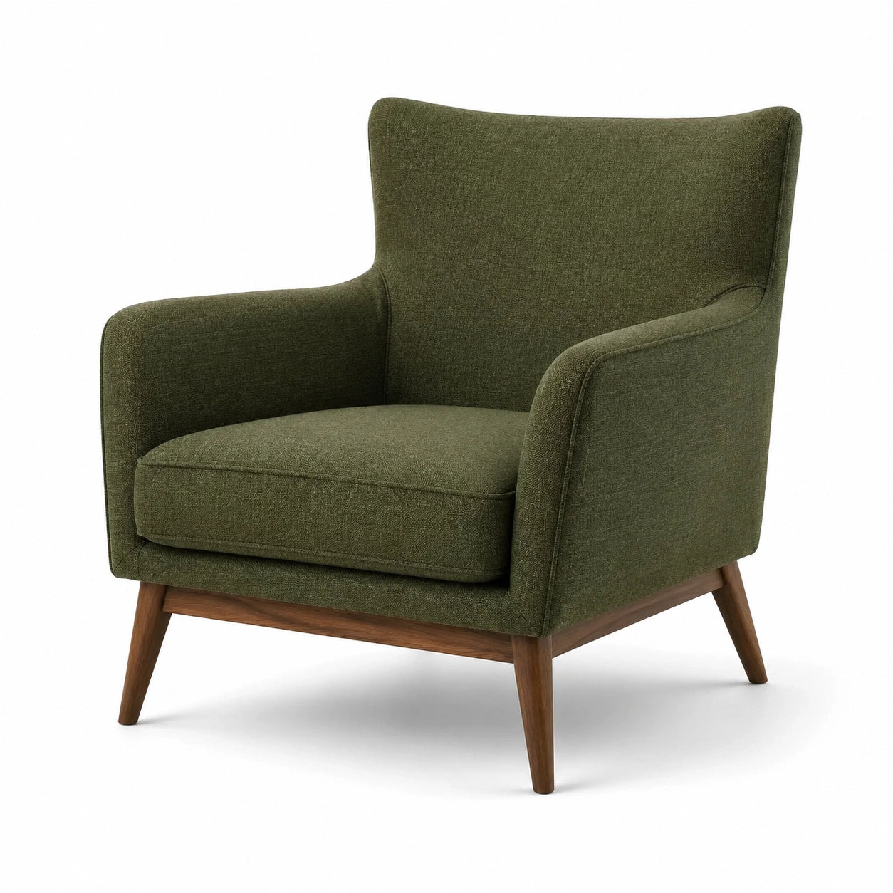 Fauteuil en tissu polyester vert avec pieds en bois de chêne