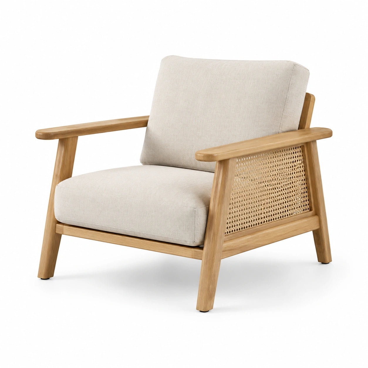 Fauteuil en bois avec dossier cannage et coussins en tissu
