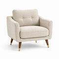 Fauteuil en tissu polyester beige avec pieds en bois noyer