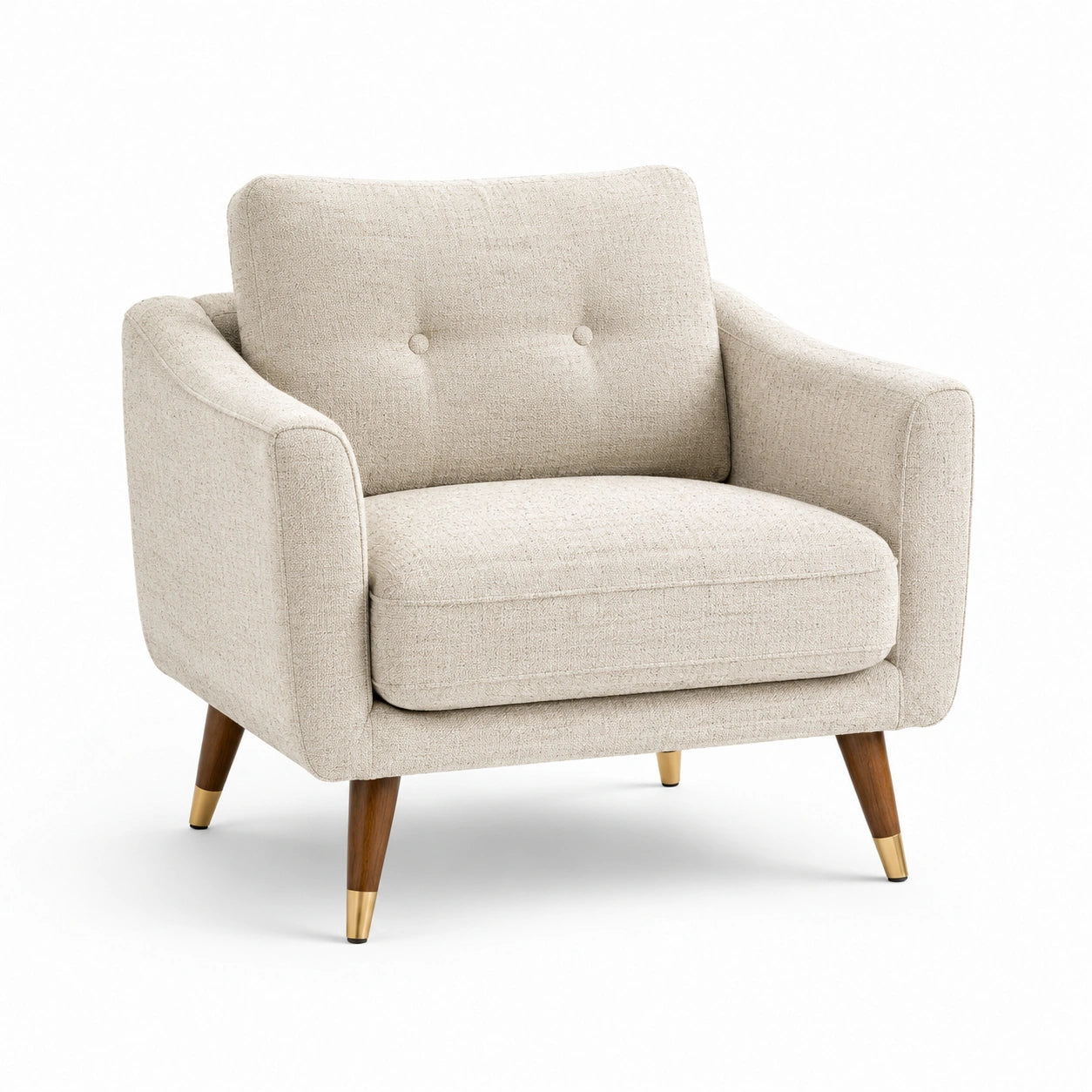 Fauteuil en tissu polyester beige avec pieds en bois noyer