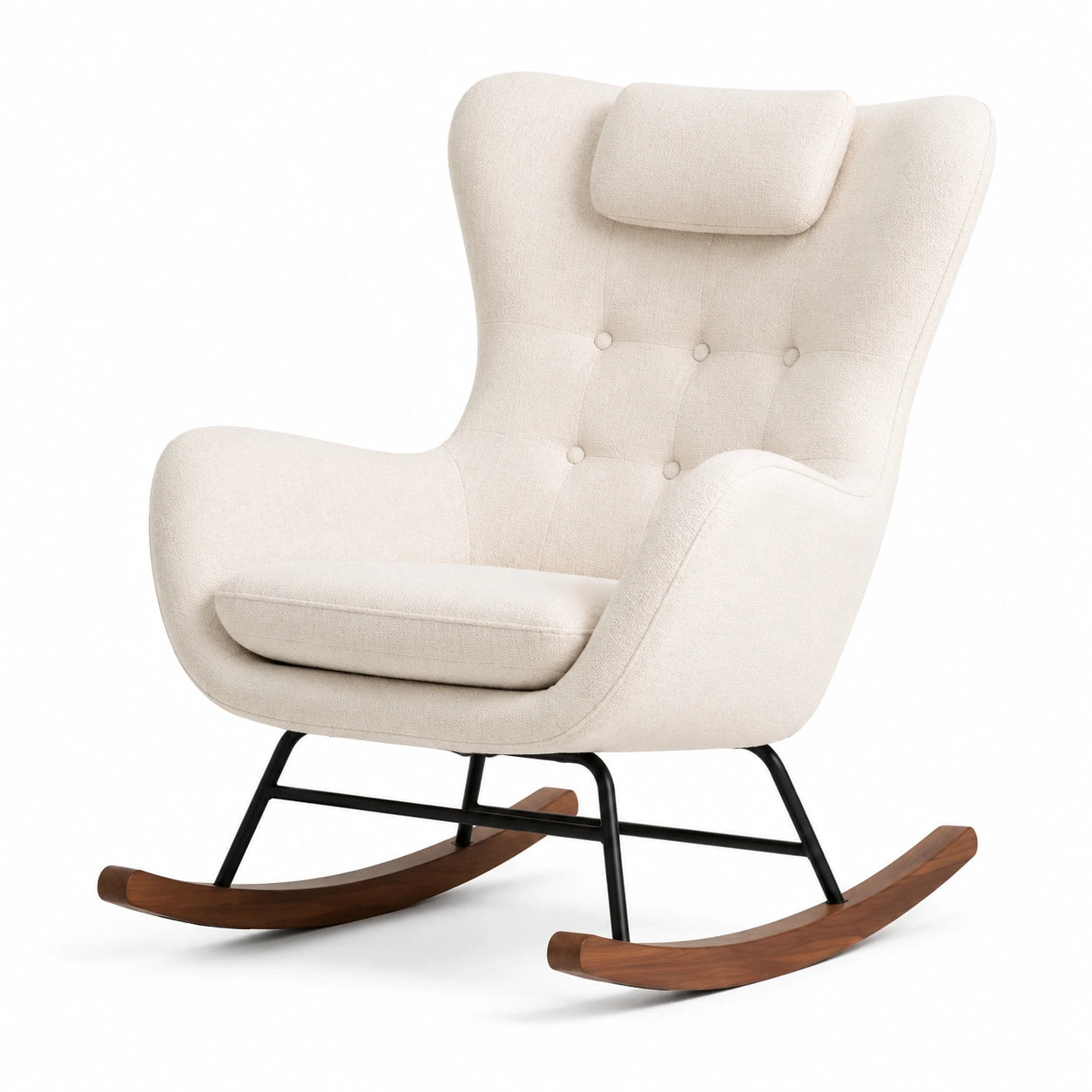 Fauteuil à bascule en métal et bois avec revêtement en tissu beige
