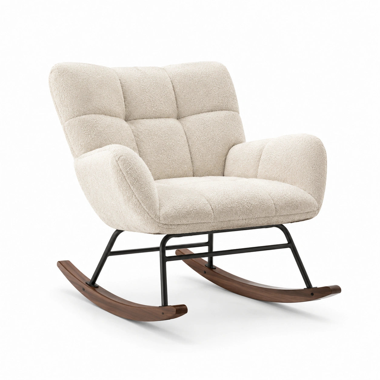 Fauteuil à bascule en tissu bouclette beige avec structure en métal et pieds en noyer