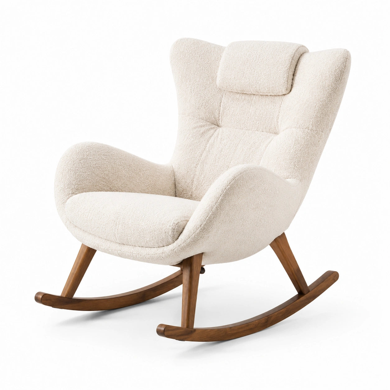 Fauteuil à bascule en tissu bouclé beige avec structure en bois