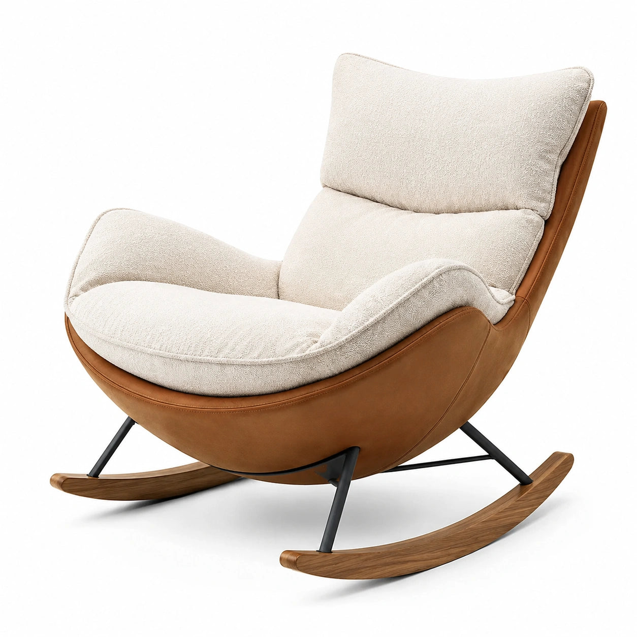 Fauteuil à bascule en bois, métal et tissu beige et camel