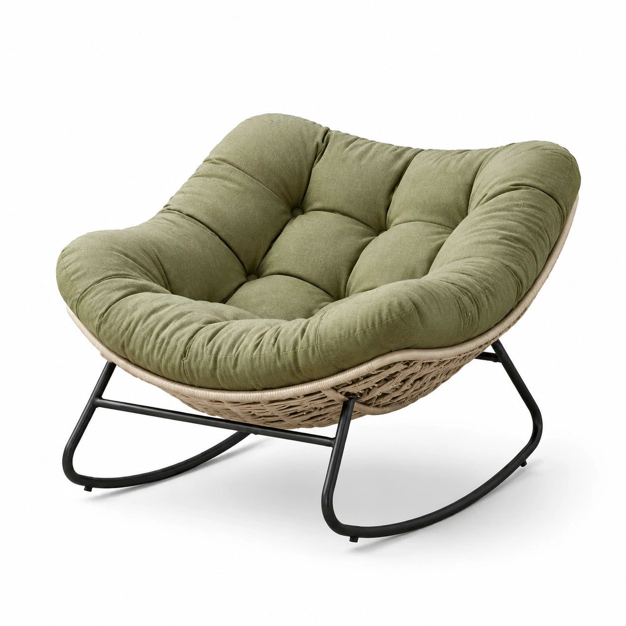 Fauteuil à bascule en rotin et métal avec coussin vert